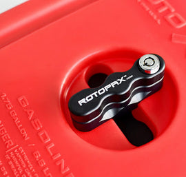 Close-up of the LOX Pack Mount by RotopaX installed on a red container, showcasing the lock mechanism.