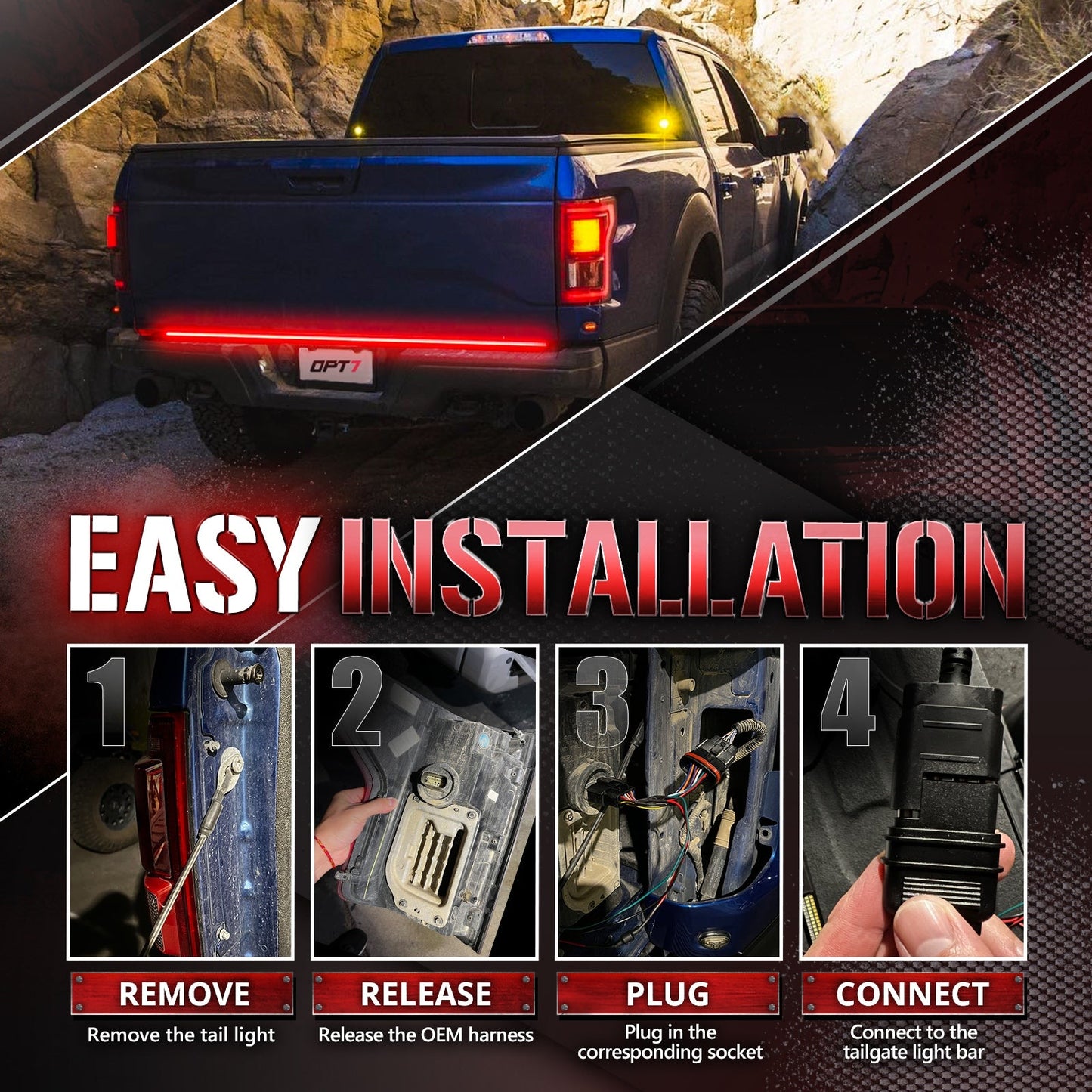 OPT7 Redline Parlux Triple Tailgate Light Bar 60" Bundle for Ford F150 15-20 with Blind Spot Easy Connect Harness