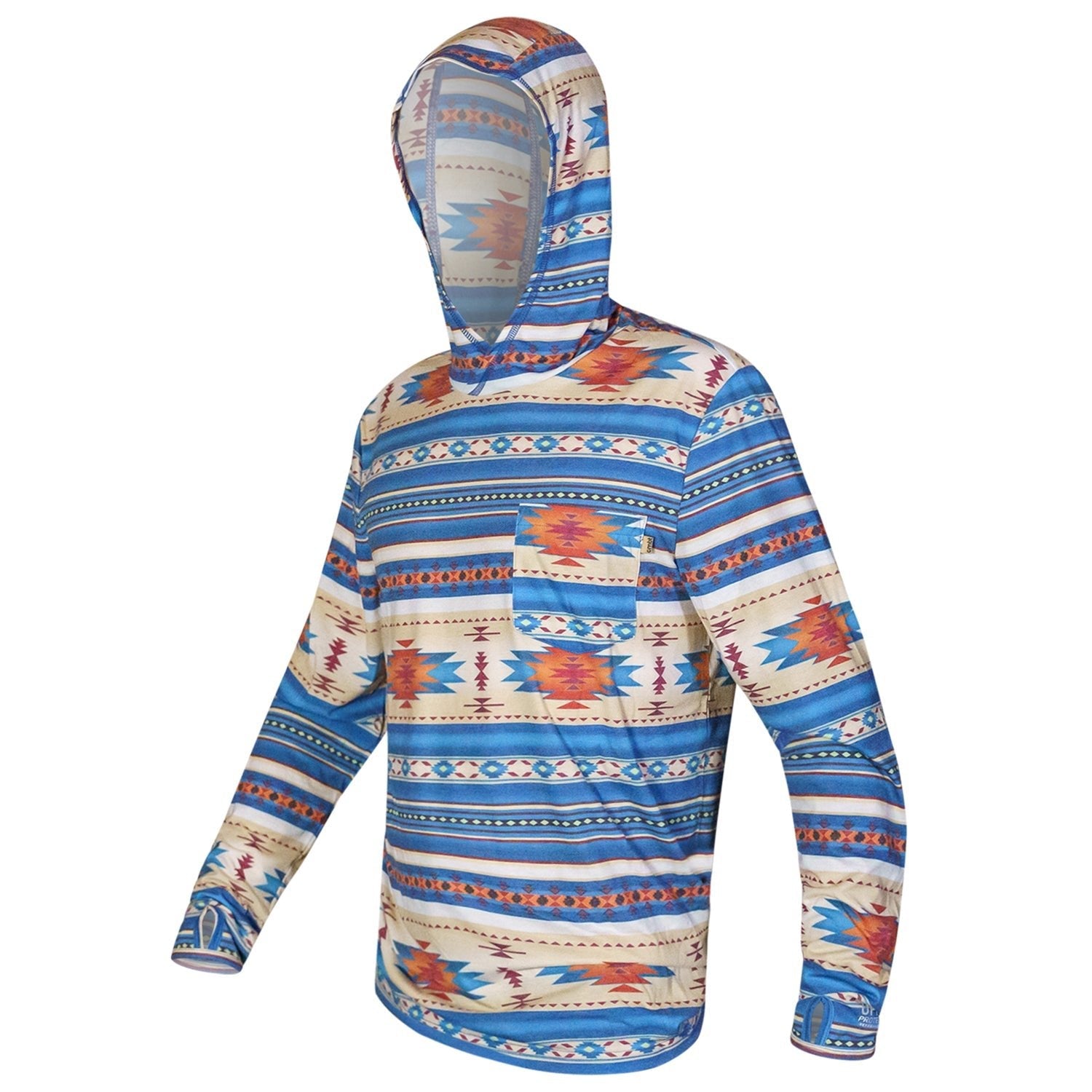 Men's Outdoors Long Sleeve Performance Hoodie by Combat Iron Apparel, showcasing a front and side view with tribal print.