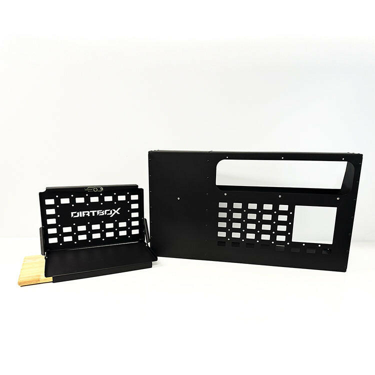 DirtBox Overland Folding Camp Table with Cutting Board & Side MOLLE Box disassembled, displaying components like the cutting board and side storage box.