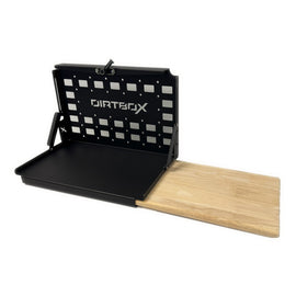 Dirtbox Overland Folding Camp Table with Cutting Board showcasing its open design with a sturdy flat surface and integrated cutting board.