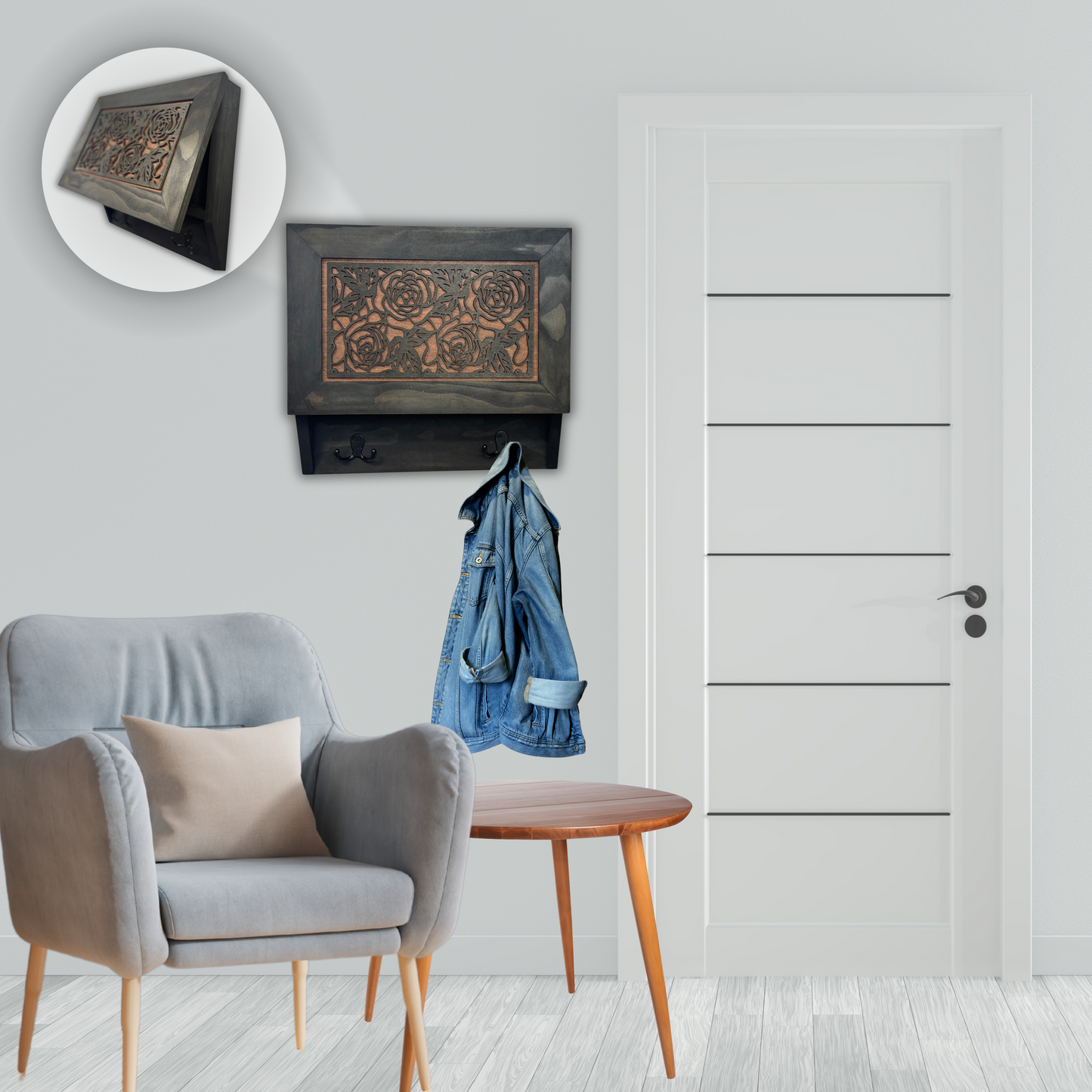 Gun and Roses Hidden Gun Cabinet – Decorative Concealment Coat Rack with Hat & Key Hooks