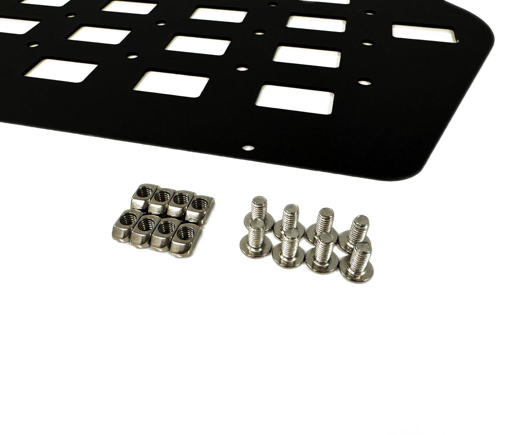 Flat lay of the Security Window Molle Panel by Dirtbox Overland with mounting hardware, emphasizing its easy installation and durable construction.