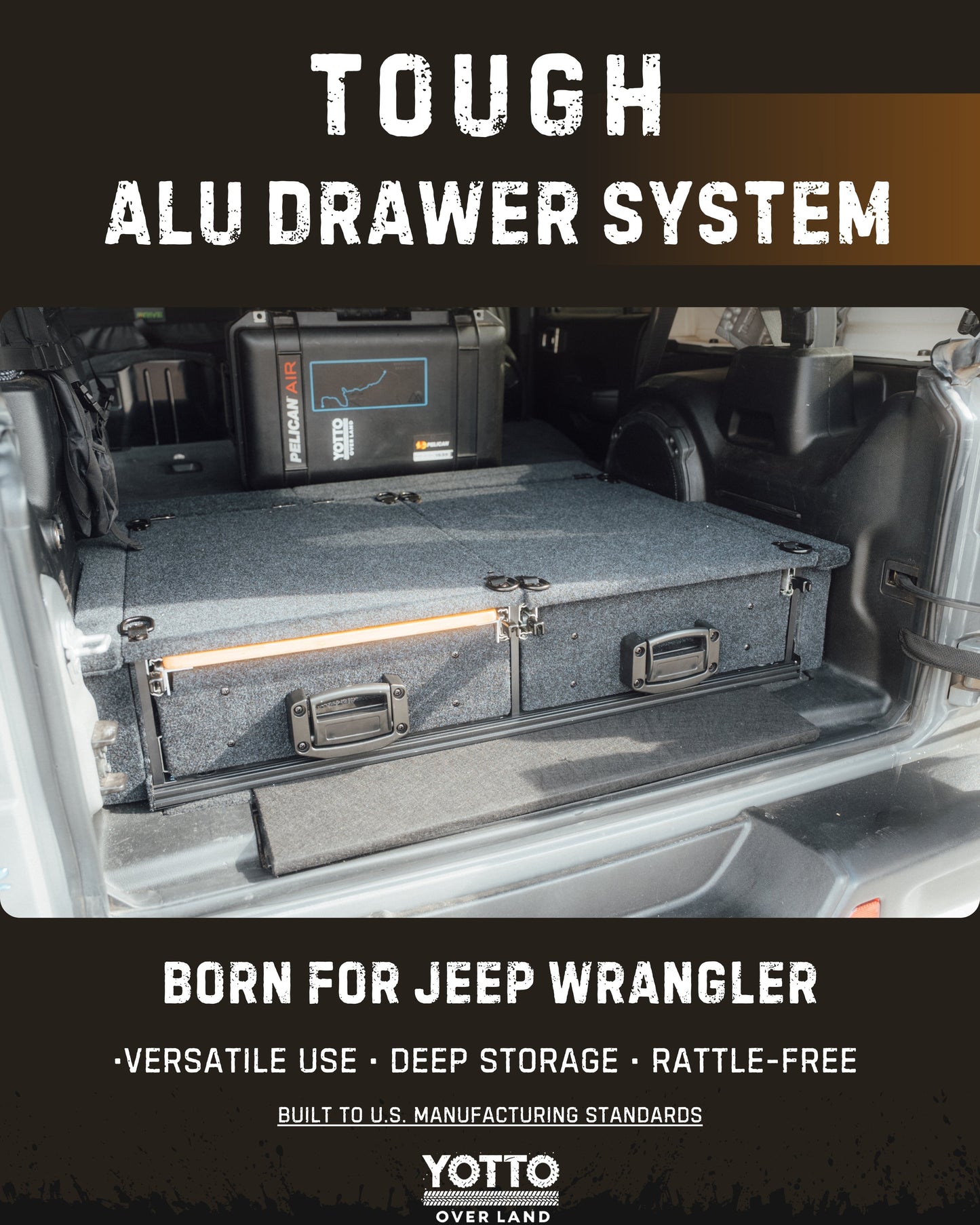 Heavy Duty Versatile Drawer System for Jeep Wrangler JL w/ Slide-Out Bamboo Table & Fridge Mount