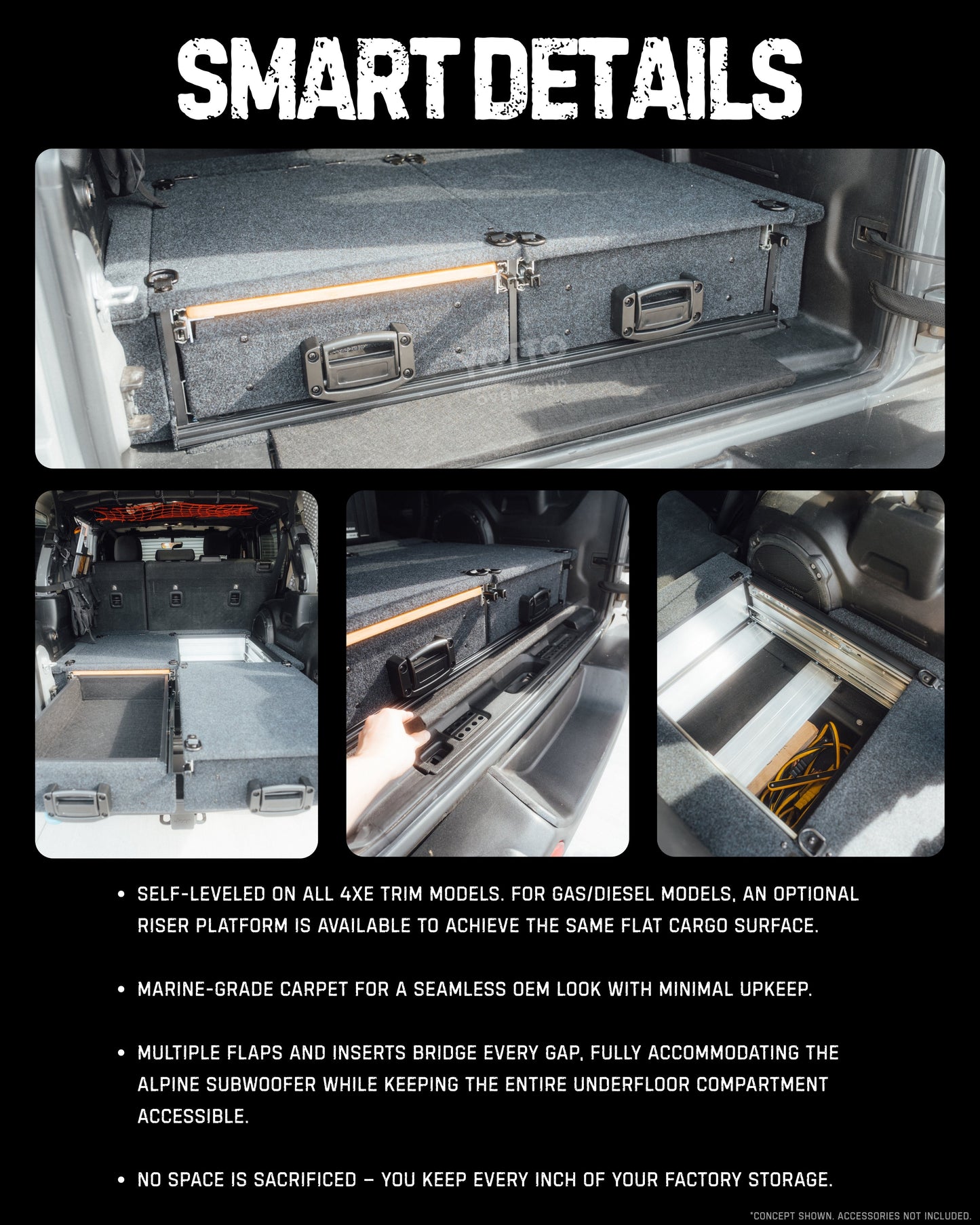 Heavy Duty Versatile Drawer System for Jeep Wrangler JL w/ Slide-Out Bamboo Table & Fridge Mount