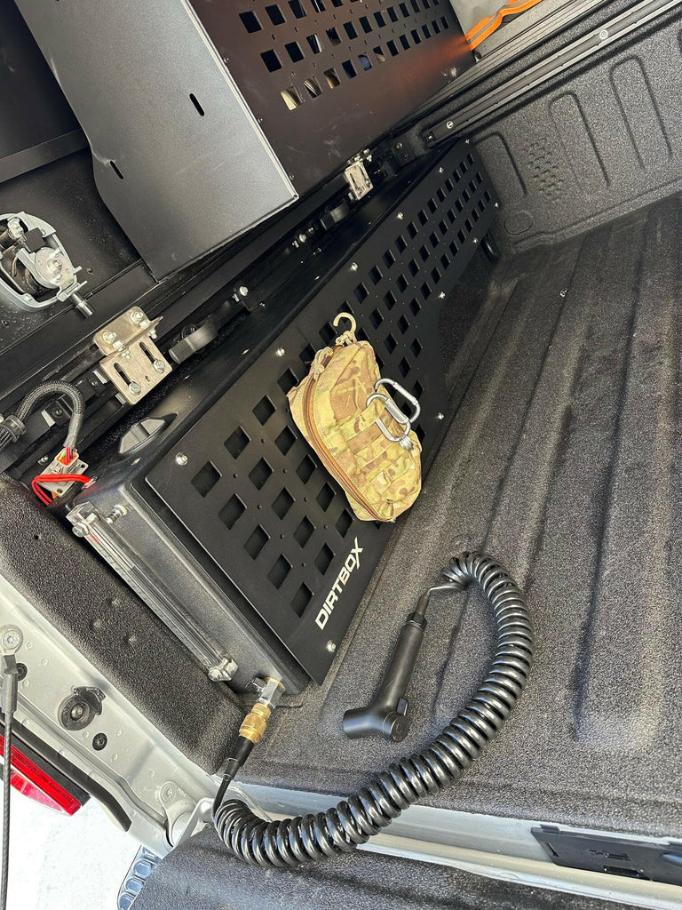 Close-up view of the Dirtbox Overland In Bed 15 Gallon Water Tank demonstrating its durable construction and user-friendly features for adventure travelers.