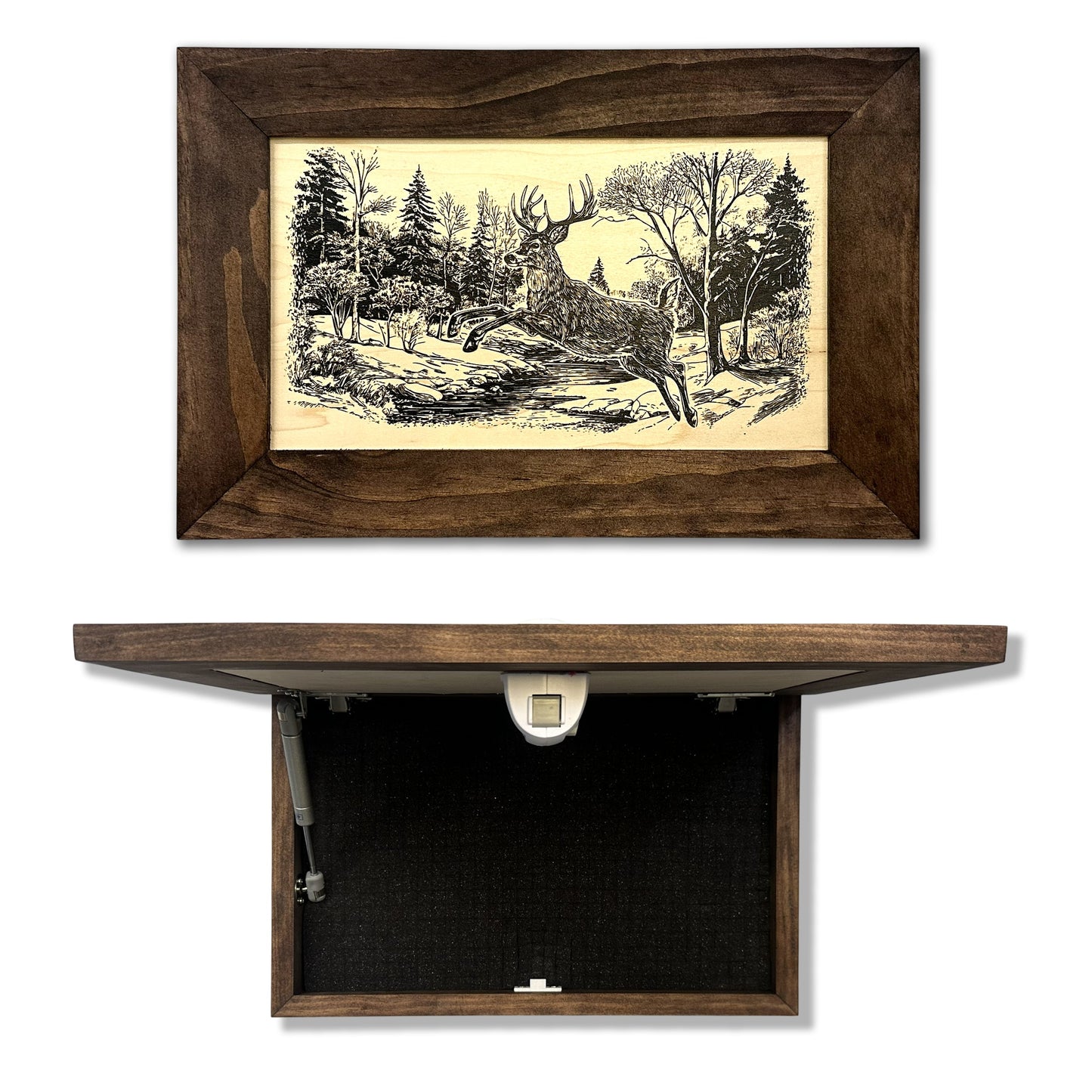 Leaping Deer Gun Concealment Furniture - Handcrafted Hidden Gun Storage Wall Decor - Hidden Safe Furniture with Magnetic Lock for Quick Access - Made in USA