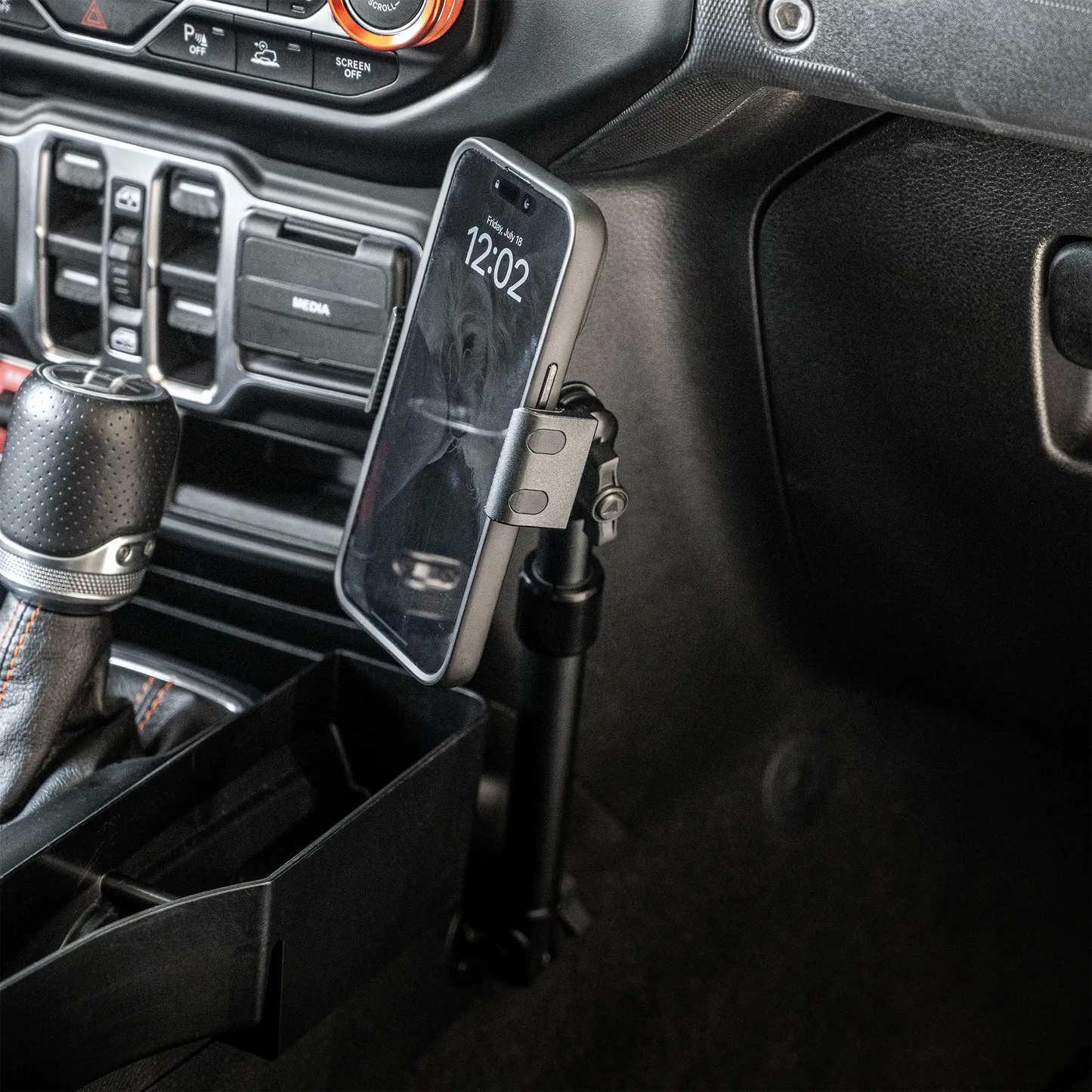 2018-2026 Jeep Wrangler JL/4xe & Gladiator JT LINK™ Console Screw Mount with Qi Wireless Charging Phone Holder & Customizable LED Accent Lighting | 9.5"- 13" Telescoping Arm