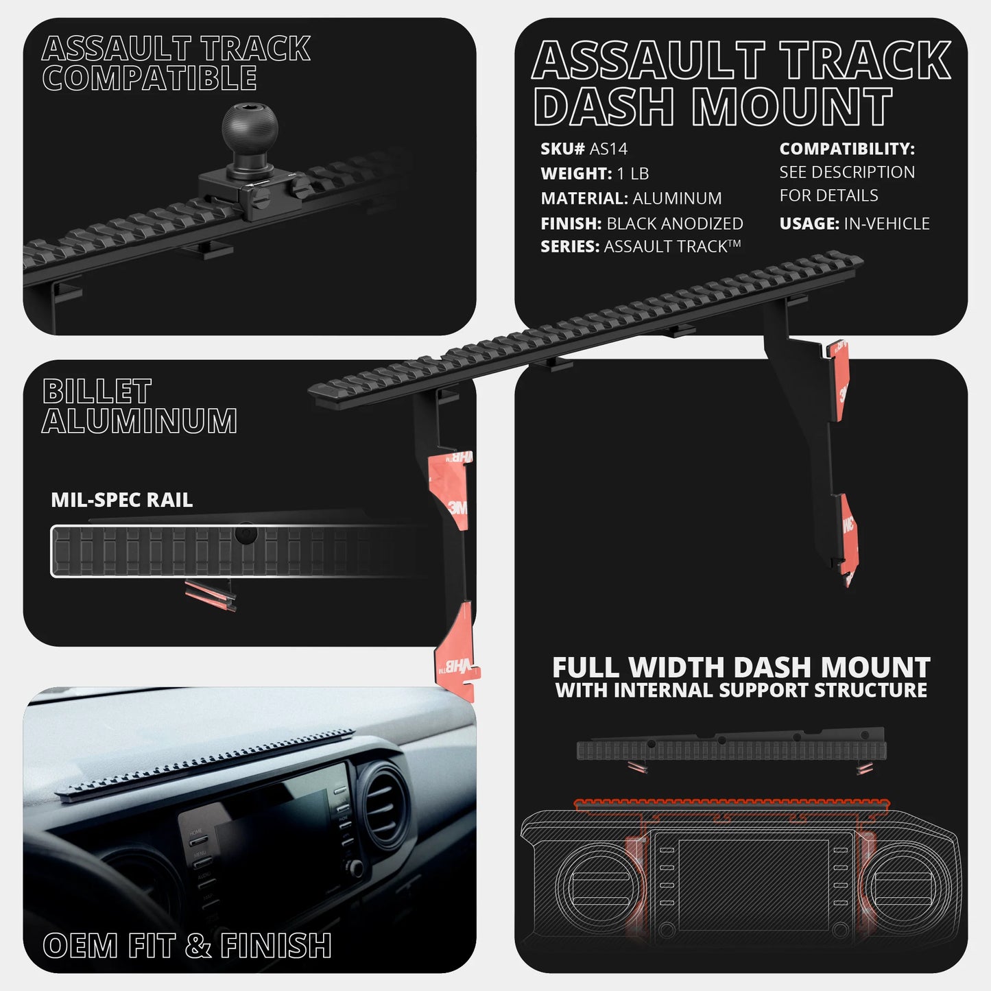 2016-2023 Toyota Tacoma Tackform Assault Track Picatinny Dash Bracket With 20LITE Phone Holder