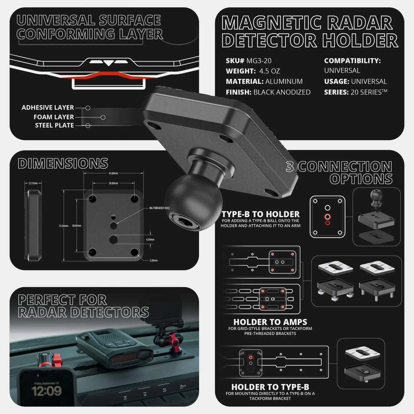 2024+ Ford F-150 (See Compatibility Info For Specific Year/Trim Fitment Details) Tackform Slim Track Dash Bracket With MagSafe Phone Mount and Magnetic Radar Detector Holder  | Telescoping Arm