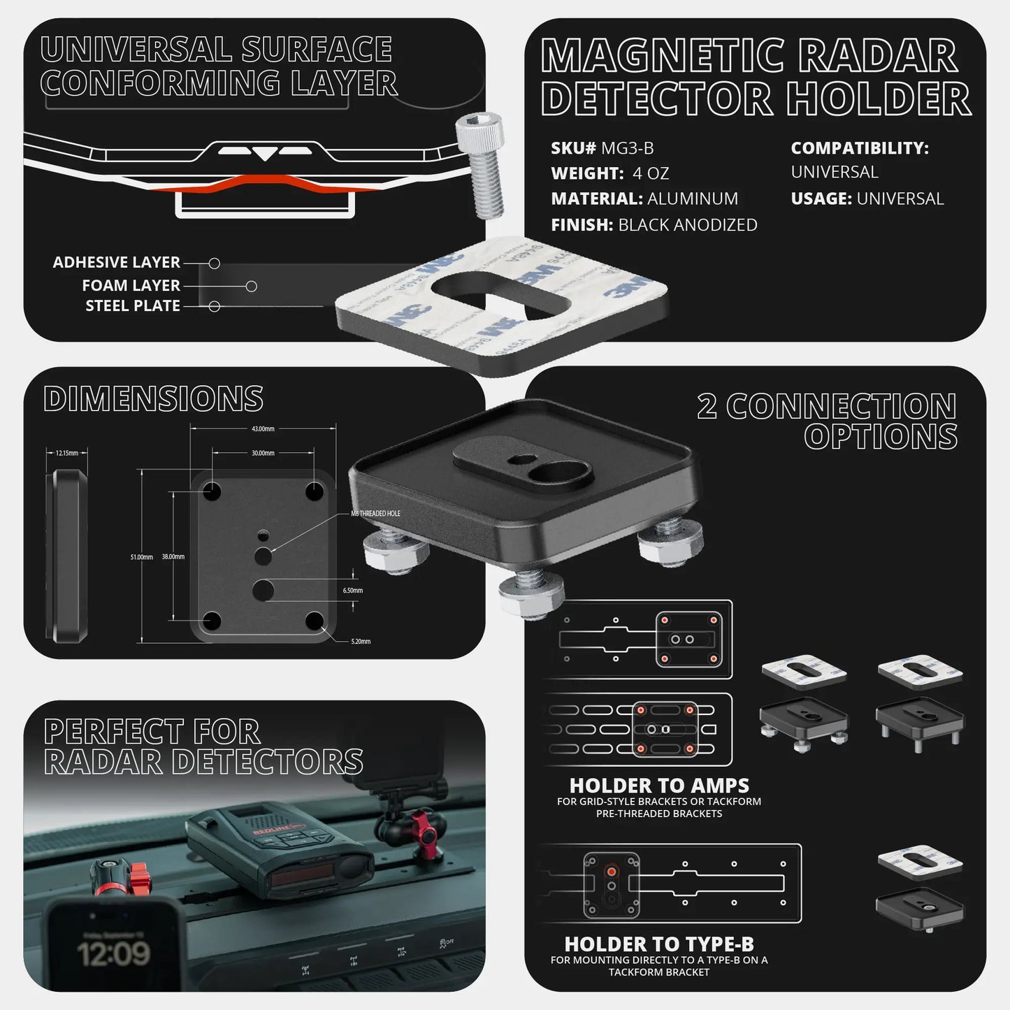 2024-2026 Ford F-150 (See Compatibility Info For Specific Year/Trim Fitment Details) Tackform Assault Track Picatinny Dash Bracket With 20LITE Phone Mount and Magnetic Radar Detector Holder | Telescoping Arm