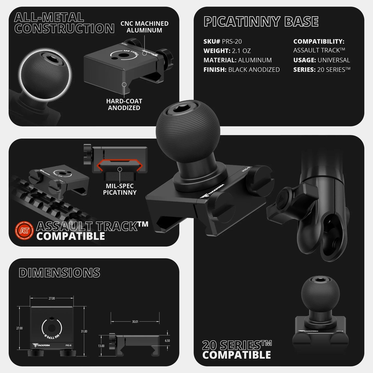 2016-2023 Toyota Tacoma Tackform Assault Track Picatinny Dash Bracket With 20LITE Phone Holder