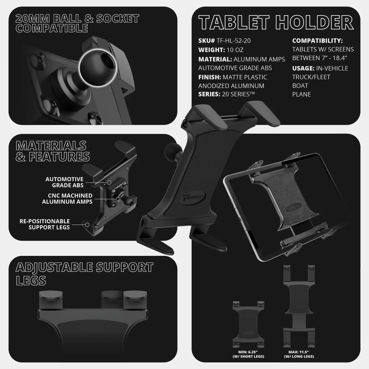 2021+ Ford F-150 (See Compatibility Info For Specific Year/Trim Fitment Details) Tackform Assault Track Picatinny Dash Bracket With 20LITE Phone & Tablet Mounts