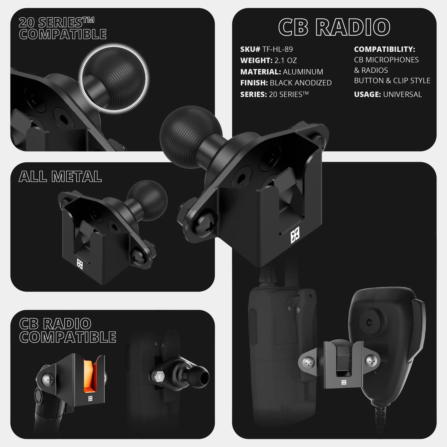 2016-2023 Toyota Tacoma Tackform Slim Track Dash Bracket With 20LITE Phone & CB Microphone Mounts