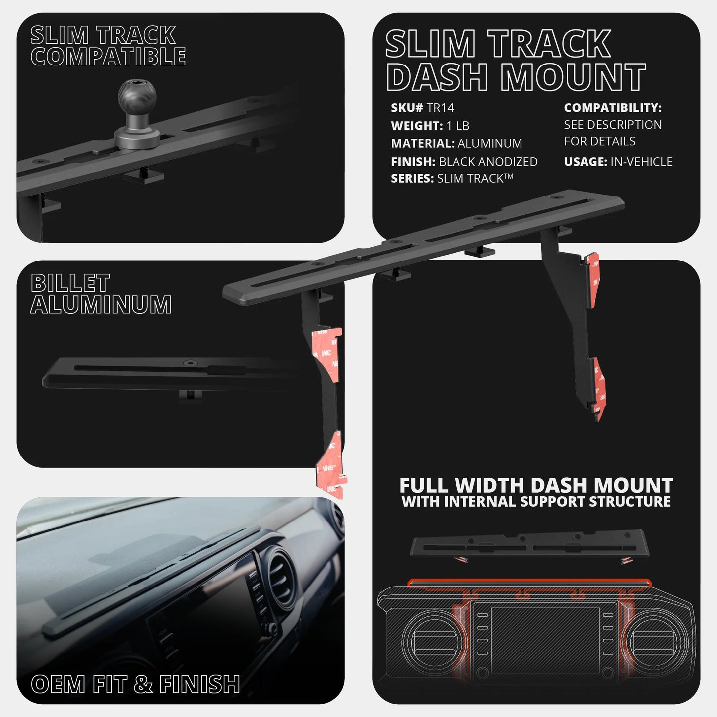 2016-2023 Toyota Tacoma Tackform Slim Track Dash Bracket With 20LITE Phone Mount