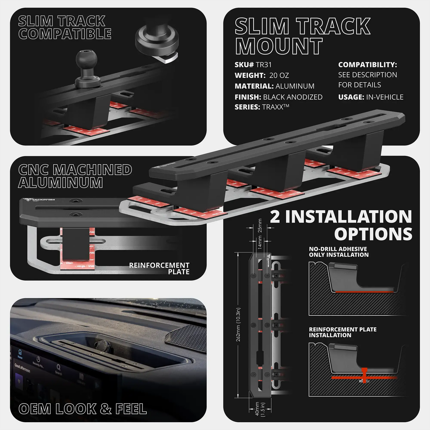 2022+ Toyota Tundra & 2023+ Toyota Sequoia Tackform Slim Track Dash Bracket With MagSafe Charging Phone Mount