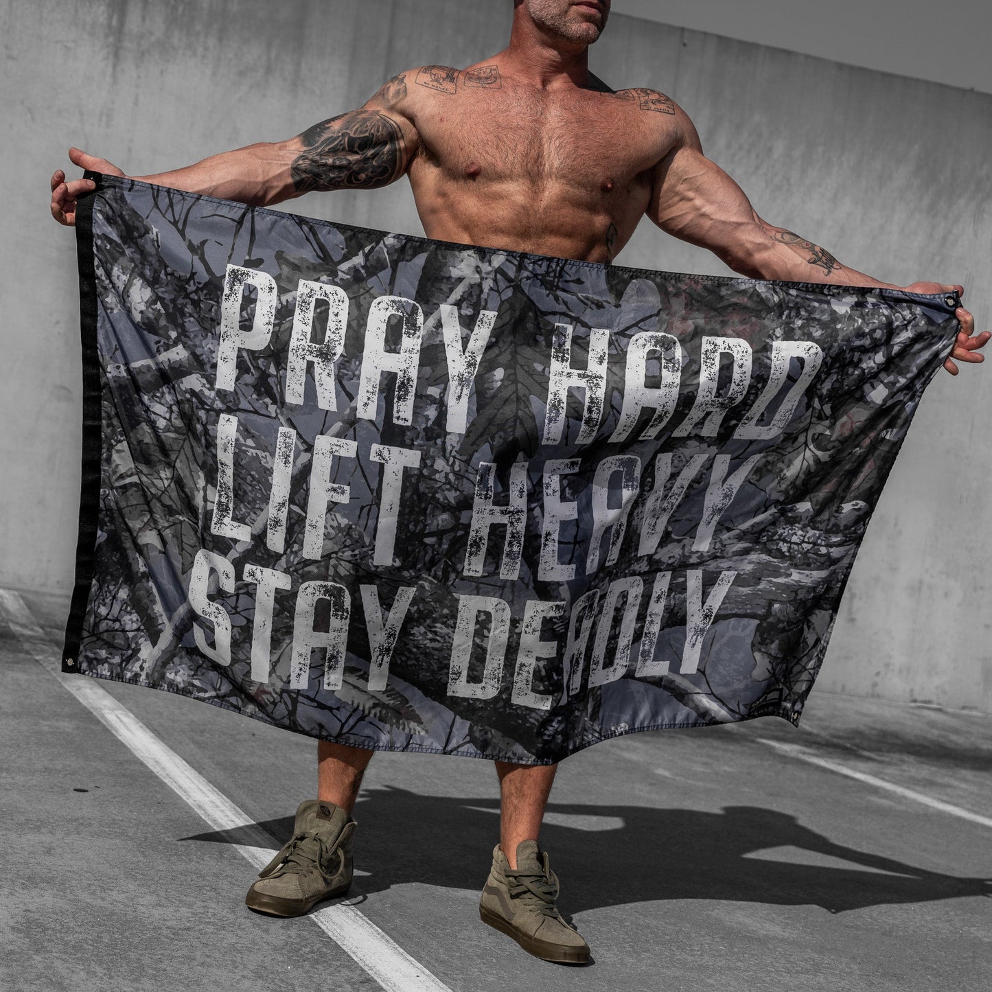 Pray Hard. Lift Heavy. Stay Deadly. 3' x 5' Flag