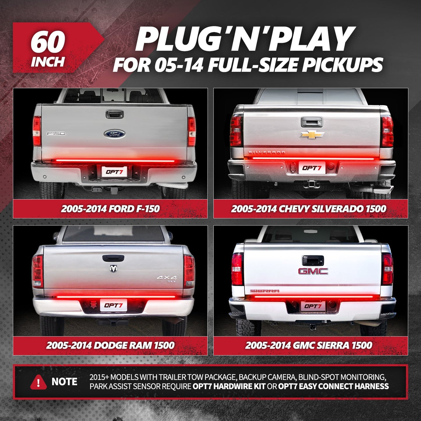 OPT7 Redline Parlux Triple Tailgate Light Bar 60" Bundle for Ford F150 15-20 with Blind Spot Easy Connect Harness and Tailgate Light Bar Magnets