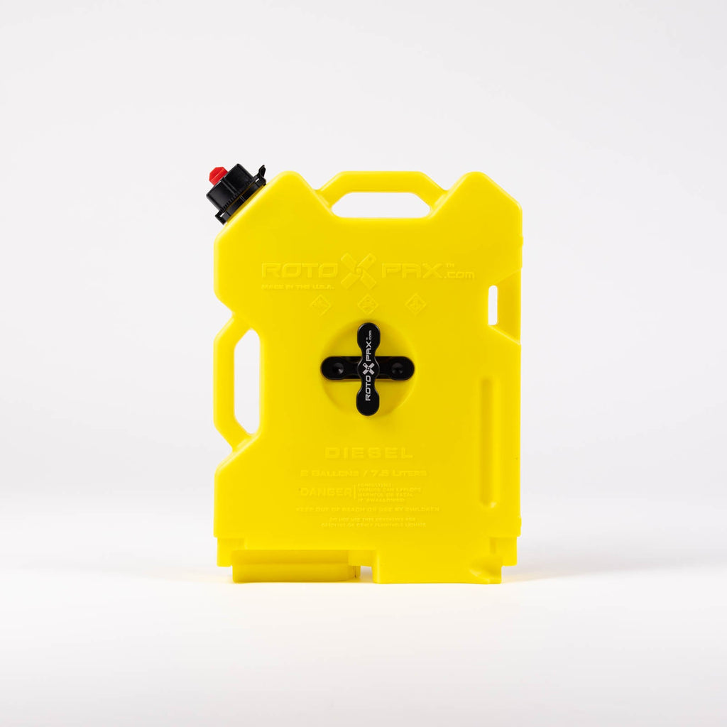 Front view of the 2 Gallon Diesel container from RotopaX, showcasing a prominent black cross handle and labeling for safety.