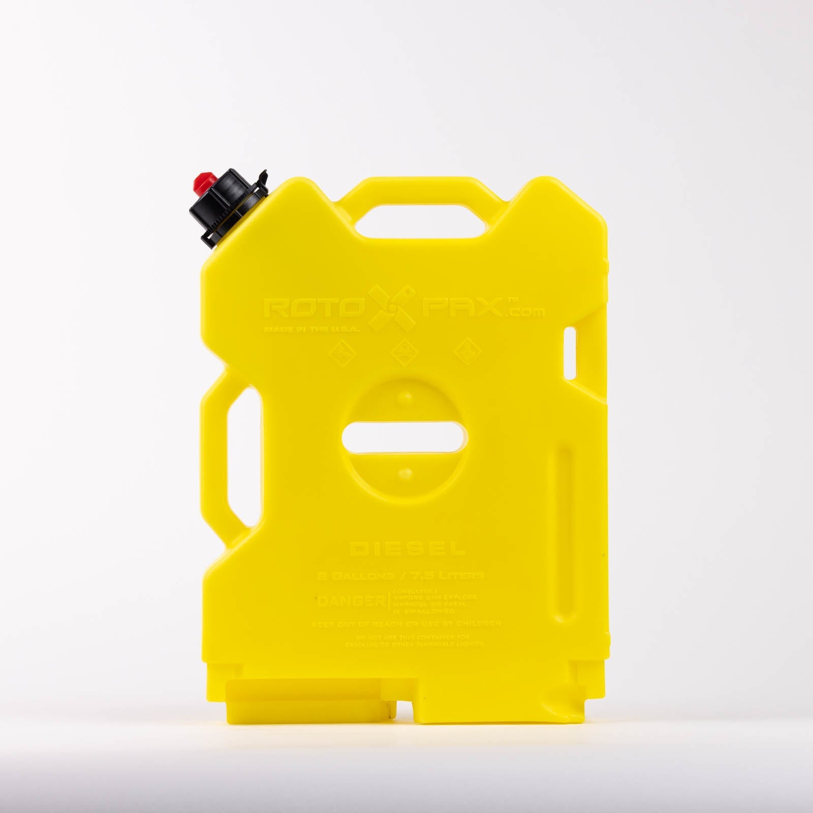 Bright yellow 2 Gallon Diesel fuel container by RotopaX, showcasing a convenient design for easy handling.