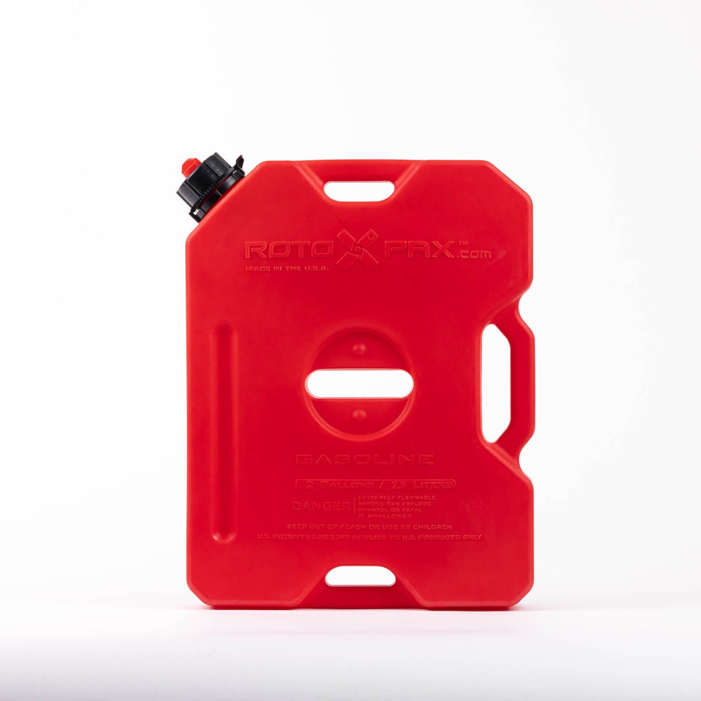 2 Gallon Gasoline GEN 2 fuel container from RotopaX, designed for safety and compliance with CARB/EPA regulations. Features a bright red color and a leak-free guarantee.