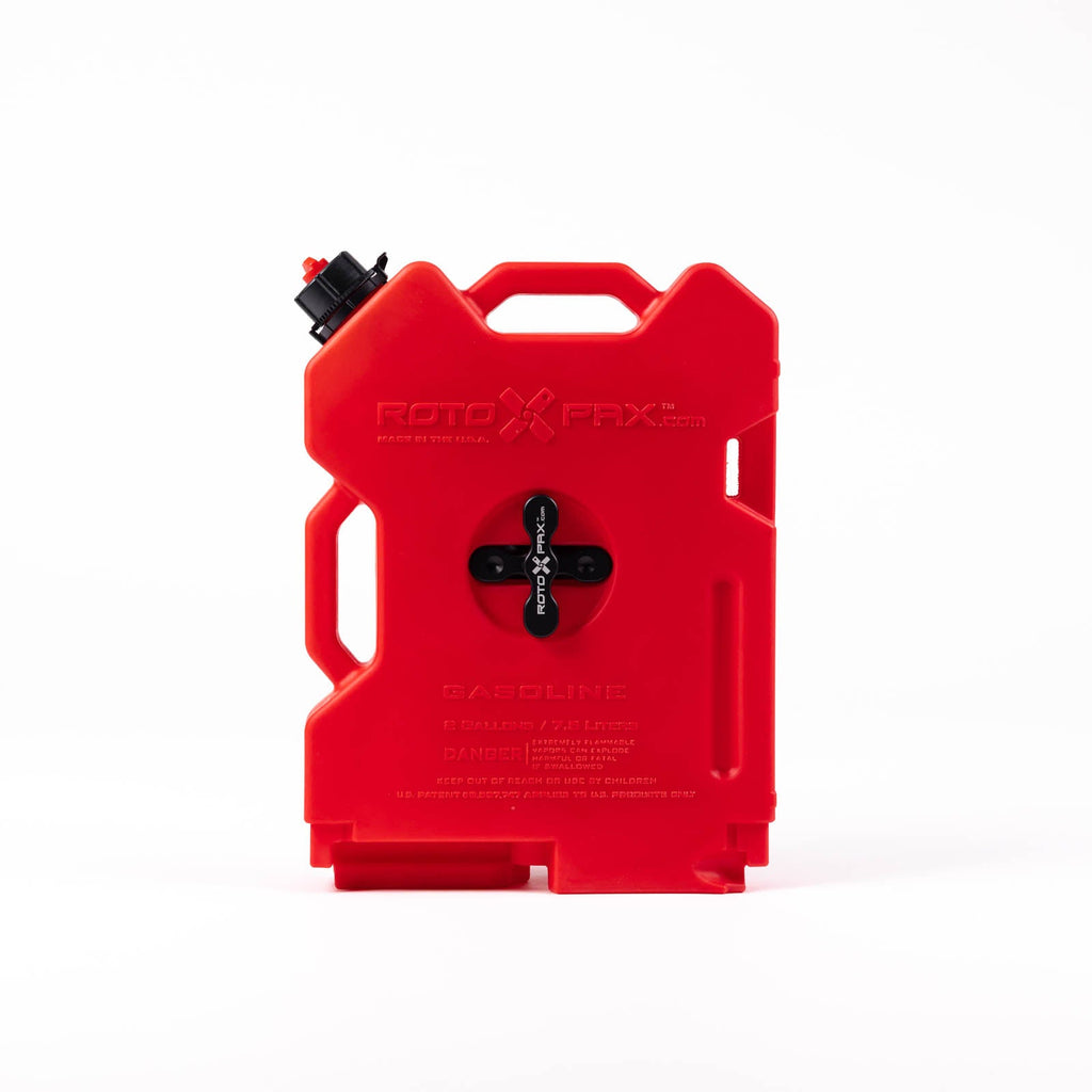 Front view of the 2 Gallon Gasoline container by RotopaX, showcasing its sturdy design and spill-proof cap.
