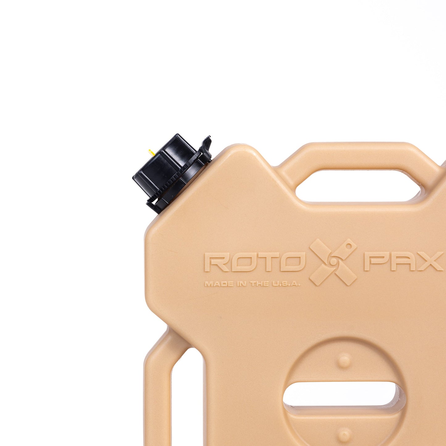 Close-up of the RotopaX 2 Gallon Water Tan showing the cap and handle, perfect for transporting drinking water.