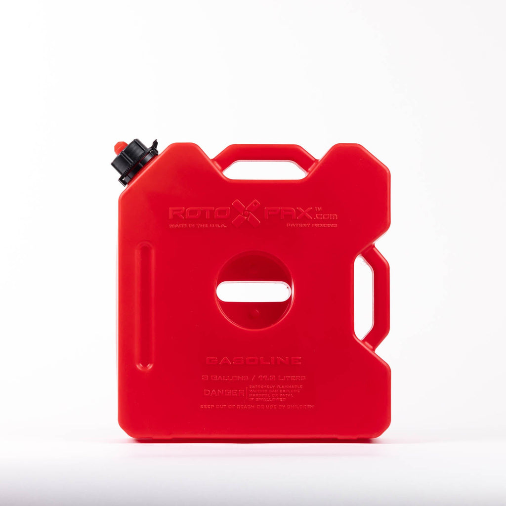 3 Gallon Gasoline container by RotopaX, featuring a red design with a secure spout and a handle for easy transport.