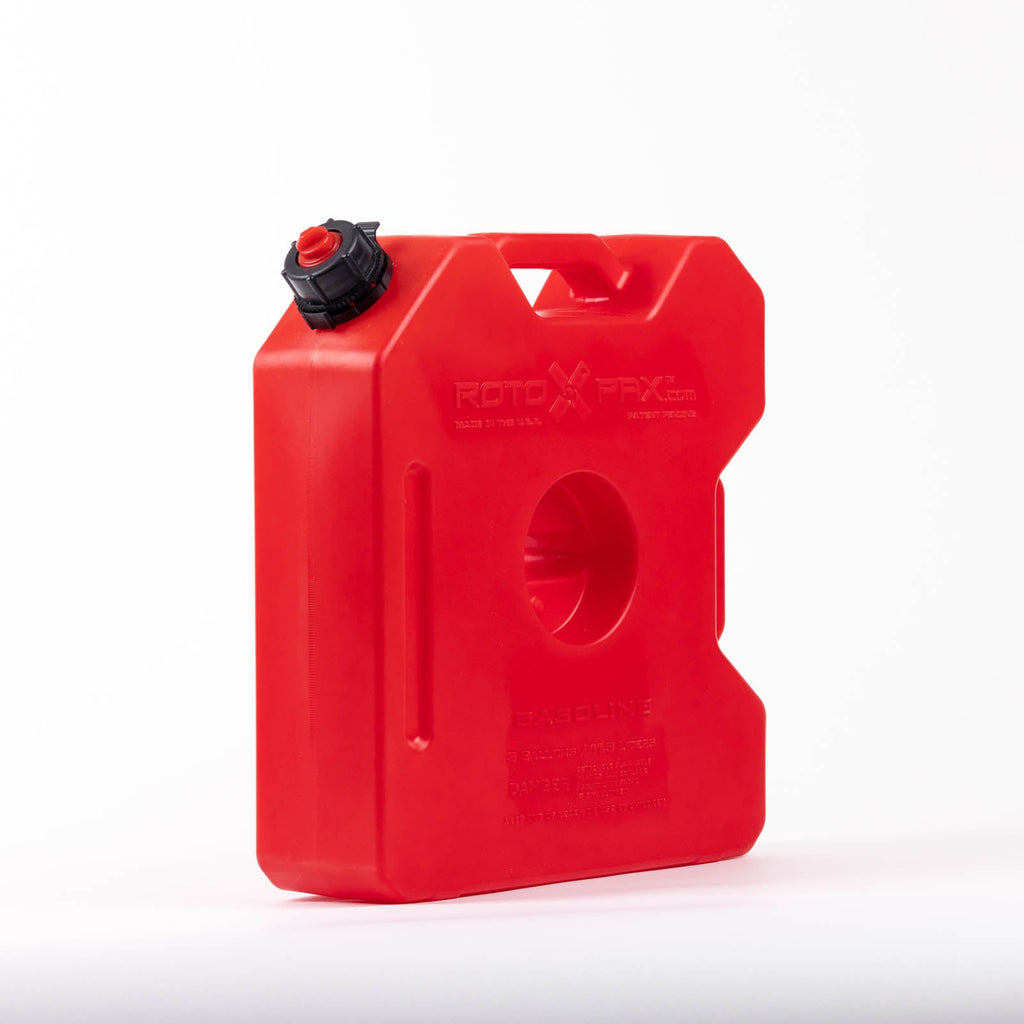 Side view of a RotopaX 3 Gallon Gasoline container in vibrant red, designed for durable fuel storage.