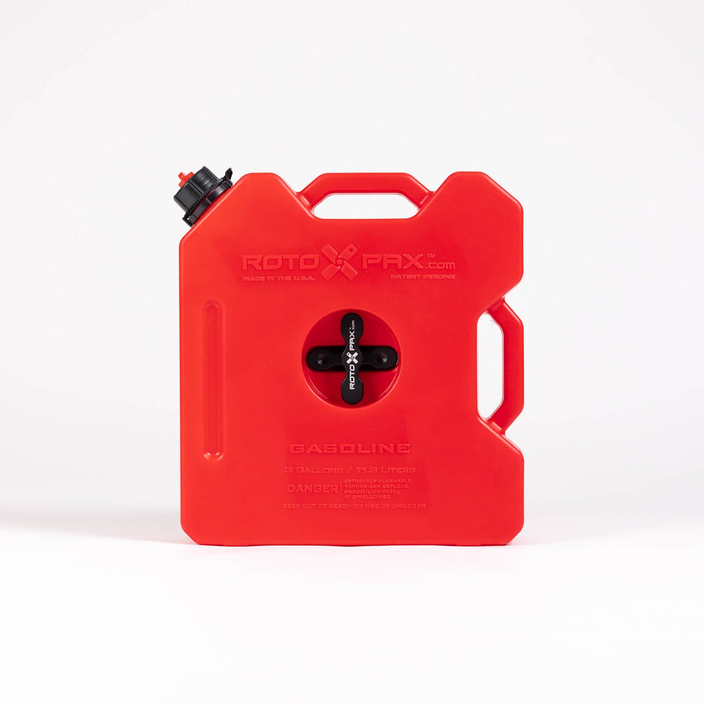 Front view of the RotopaX 3 Gallon Gasoline container with a visible carry handle and warning label.