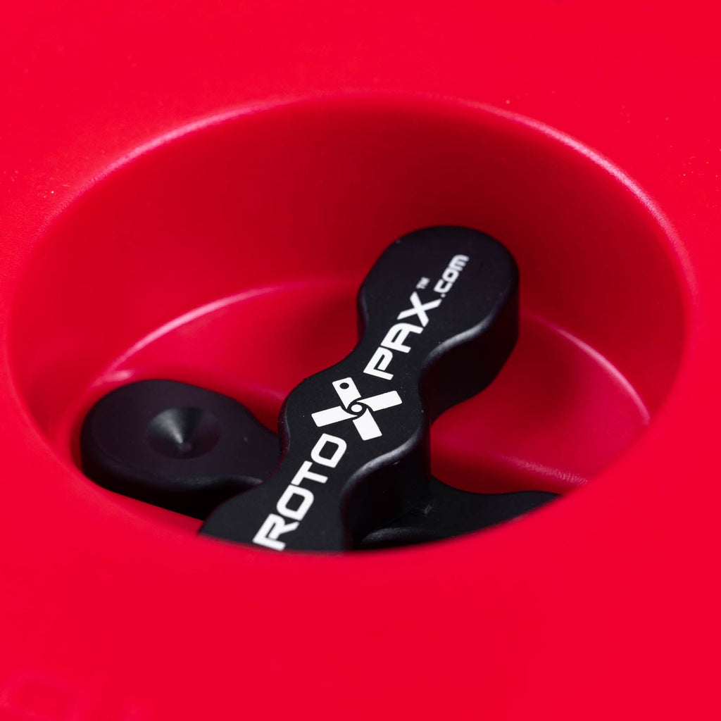 Close-up of the spout area on a RotopaX 3 Gallon Gasoline container, highlighting the secure mechanism and brand logo.