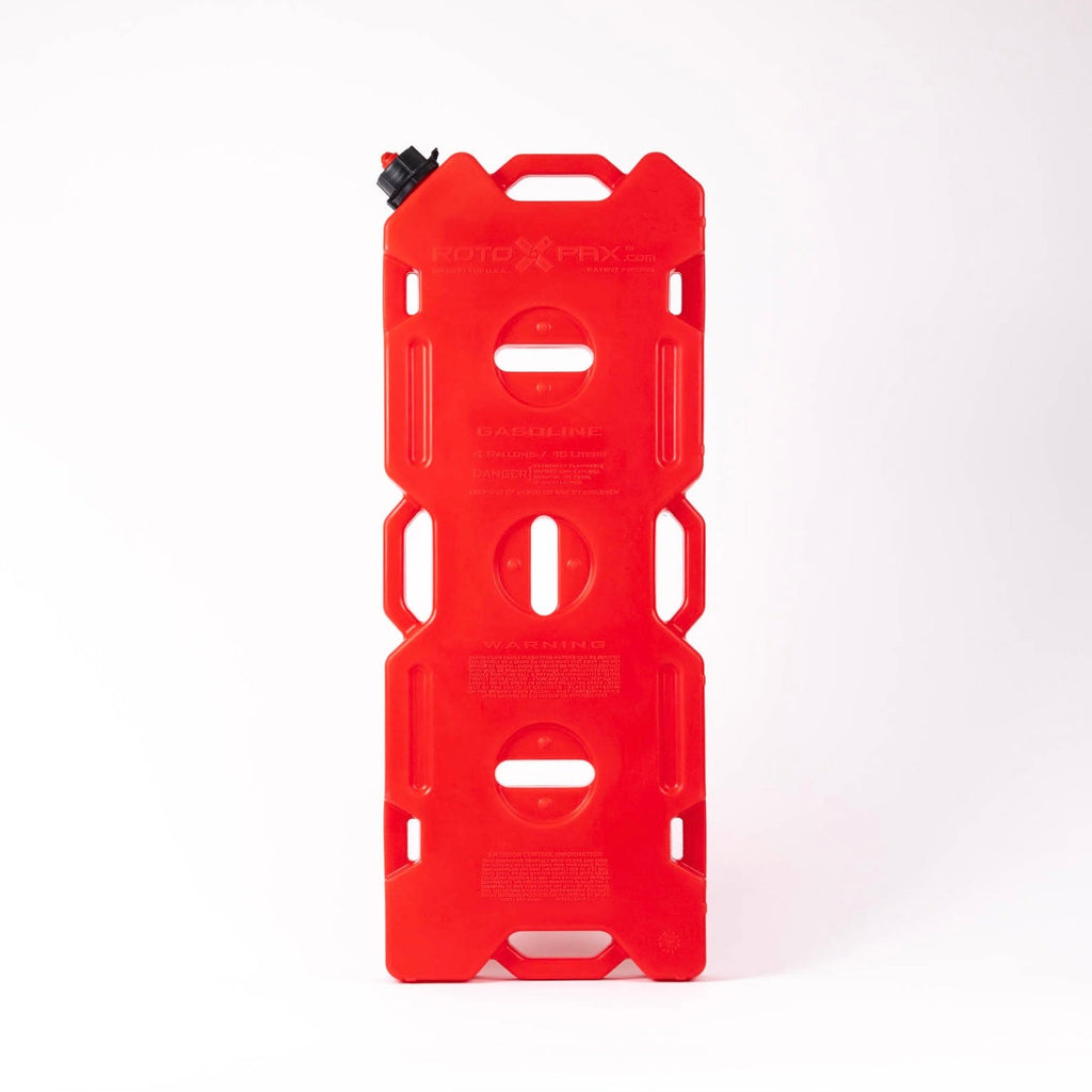 4 Gallon Gasoline container by RotopaX, showcasing a sleek red design and ergonomic shape, perfect for transporting fuel.