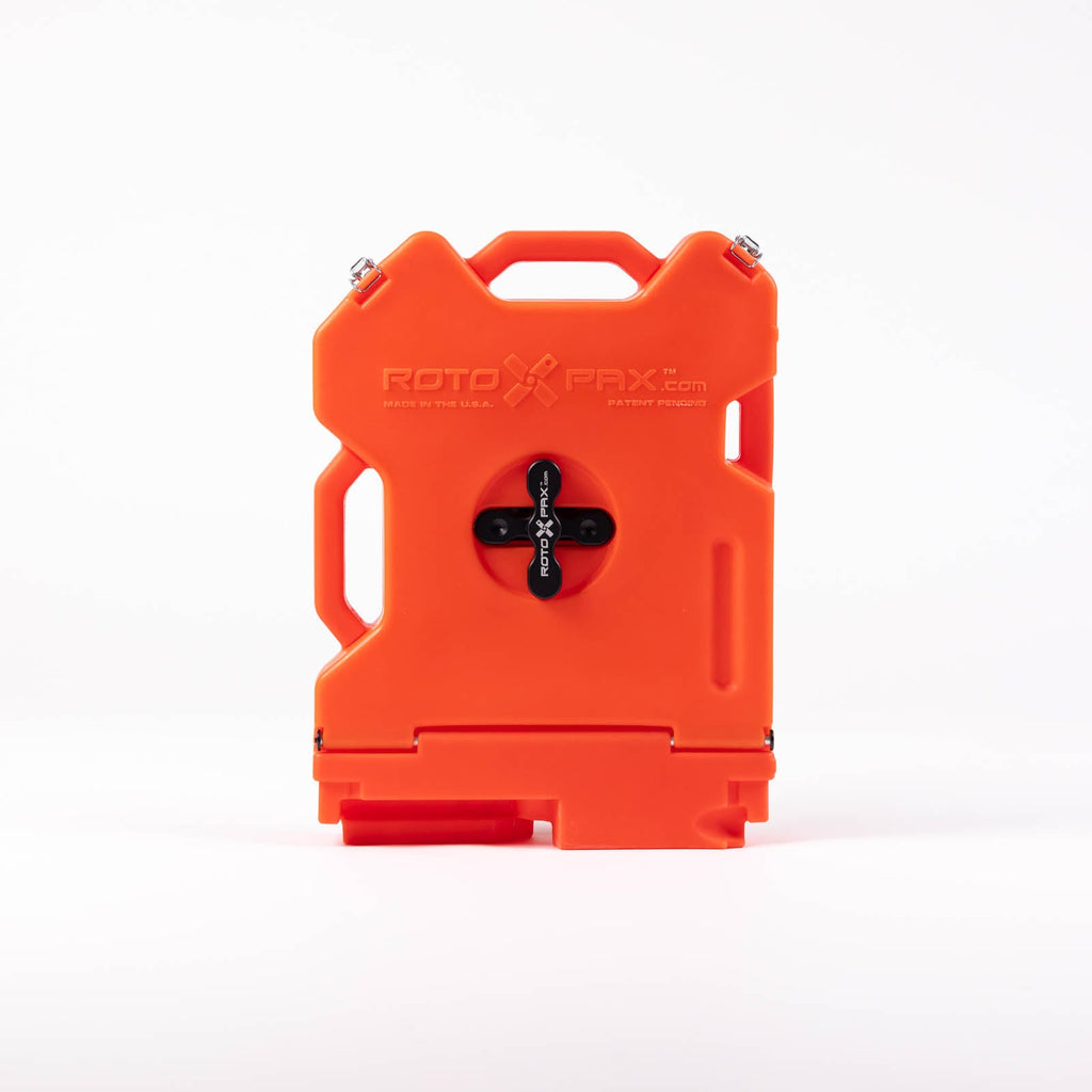 Front view of a 2 Gallon Storage Orange container by RotopaX, equipped with a unique locking mechanism for secure storage.