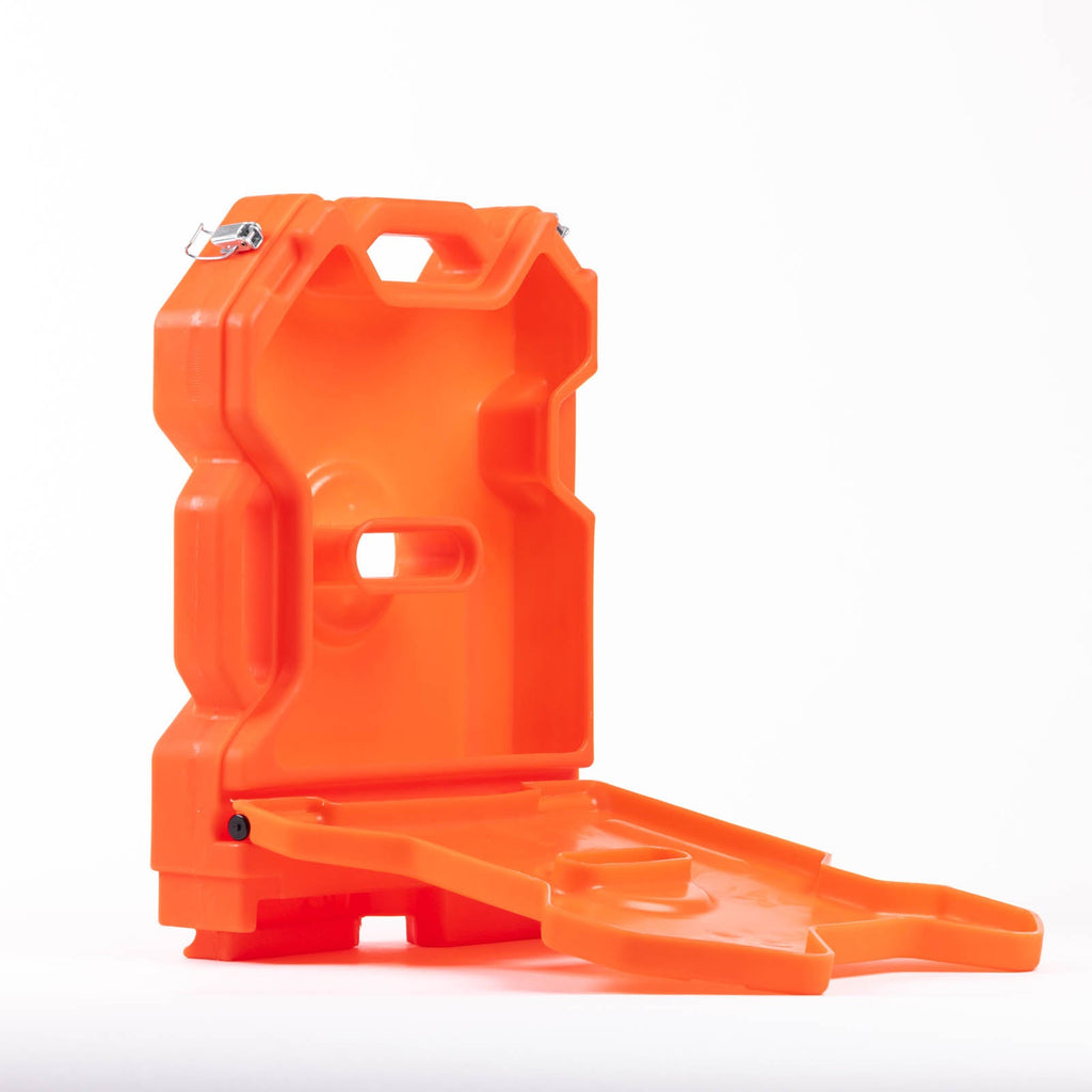 Side view of a 2 Gallon Storage Orange container by RotopaX with lid open, showcasing its spacious interior and practical design for on-the-go storage.