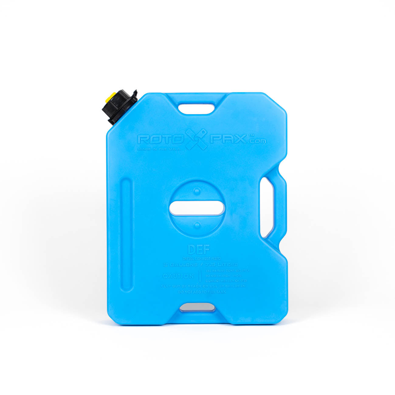 RotopaX 2 Gallon DEF GEN 2 container, blue with DEF label and spout on top.