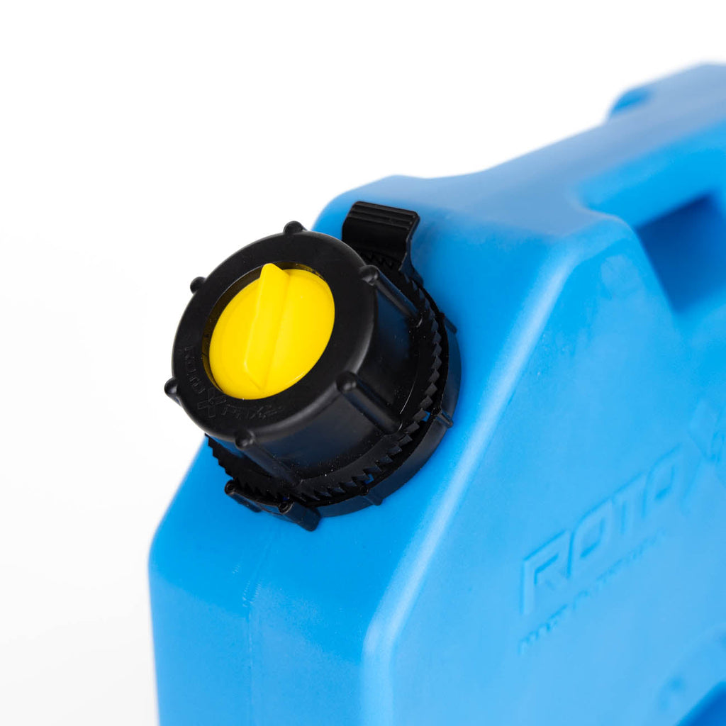 Close-up of the spout on the RotopaX 2 Gallon DEF GEN 2 container, highlighting the yellow cap and blue material for DEF storage.