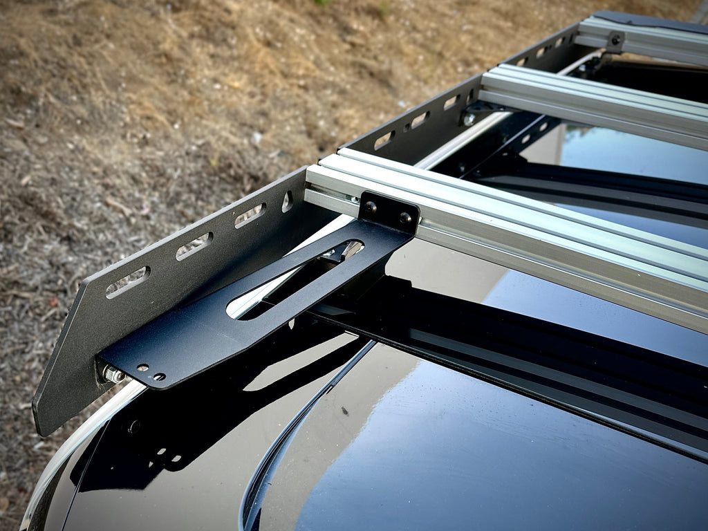 Detail shot of the attachment of the 'Laguna' Rivian R1T roof rack by Range Industries, illustrating the innovative design and robust material.
