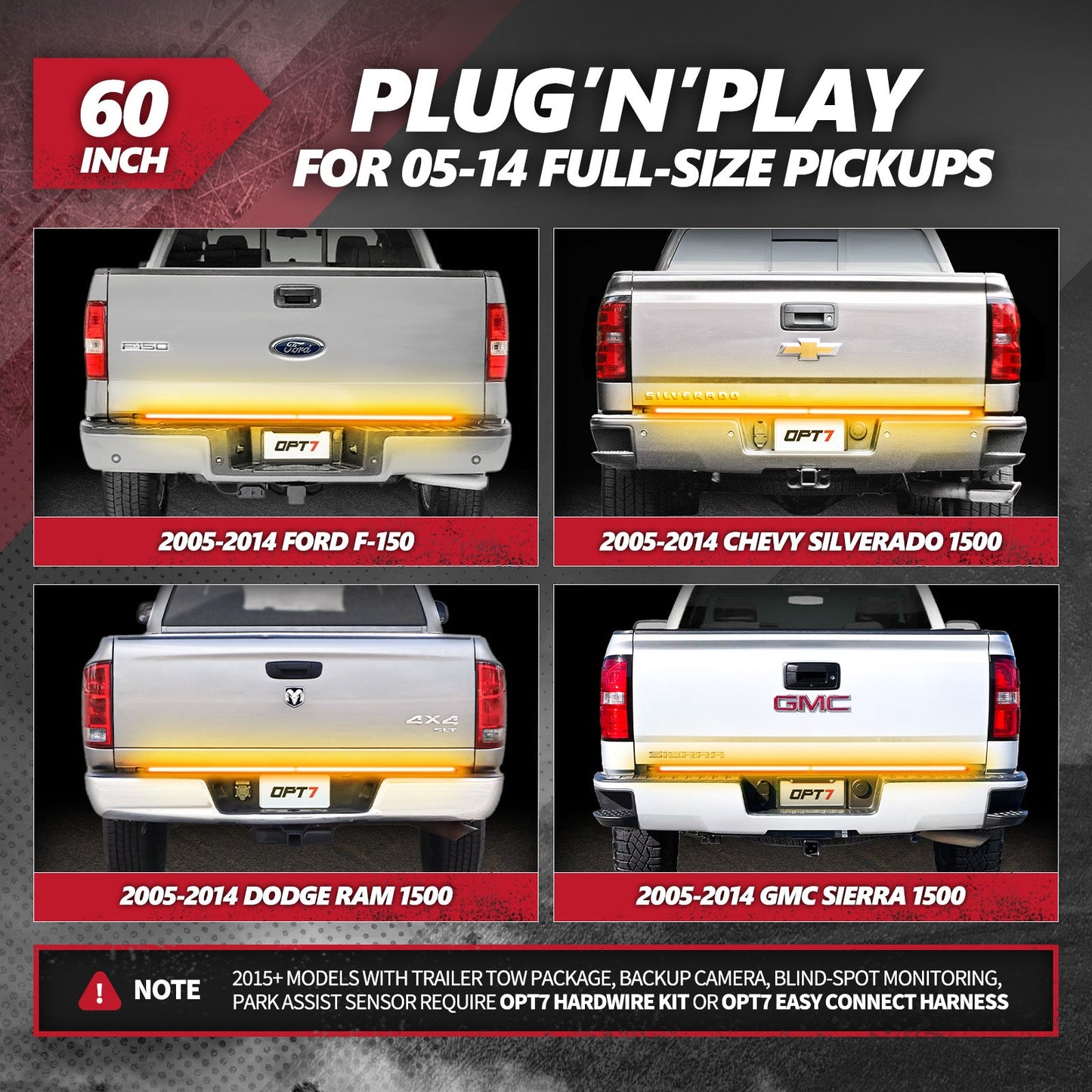 OPT7 Redline Parlux Triple Tailgate Light Bar 60" Bundle for Ford F150 15-20 with Blind Spot Easy Connect Harness and Tailgate Light Bar Magnets