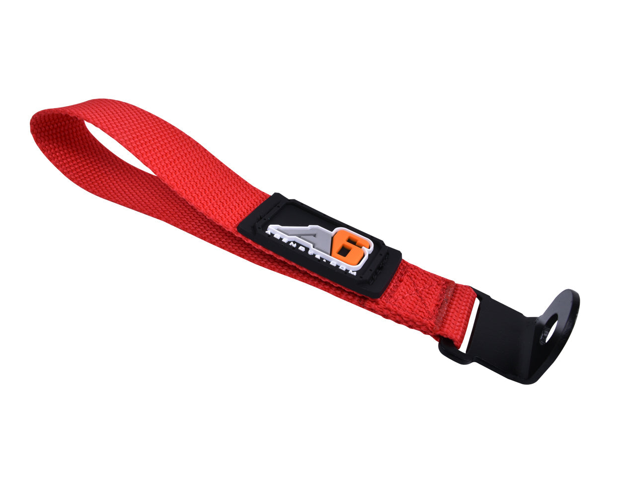 Side angle of the durable red pull assist strap for 5th Gen Toyota 4Runner by Agency6.com, showcasing its looped design and sturdy construction.
