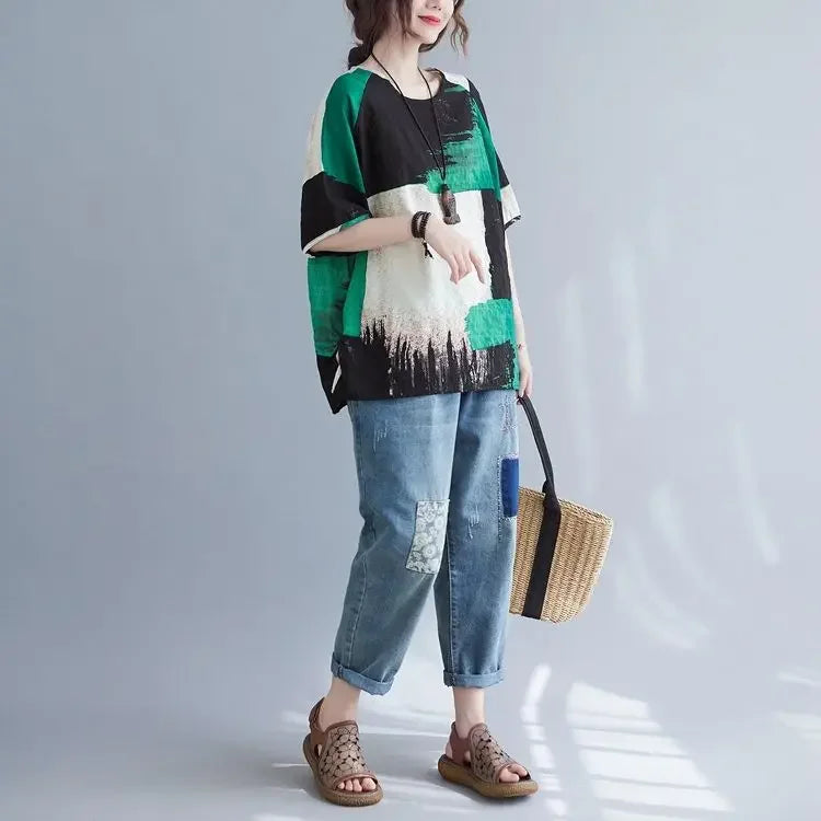 Women Summer T-shirt – Retro Loose Cotton Linen Short Sleeve Top
