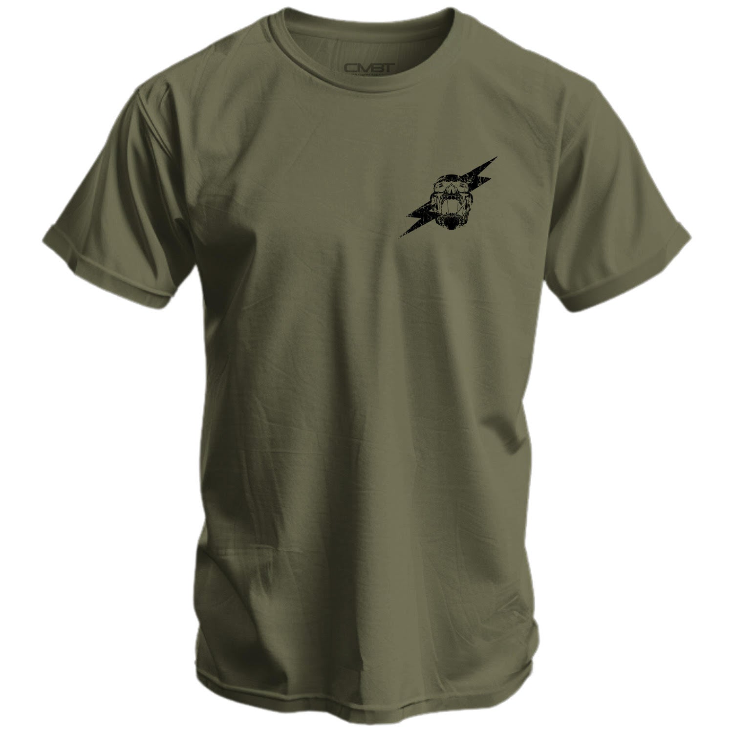 Man preparing for action wearing an olive green t-shirt with 'Scars Remind You That You're Alive' from Combat Iron Apparel.