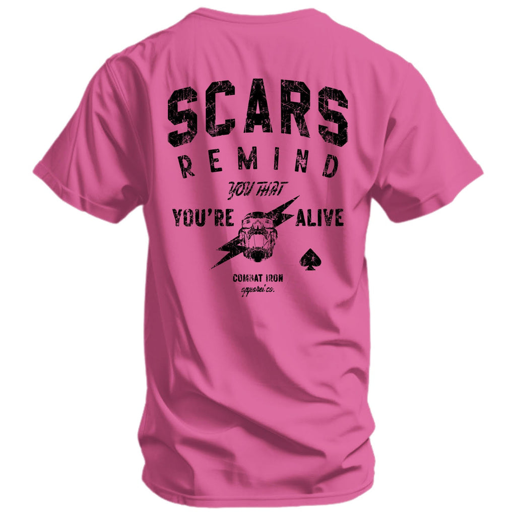 Back view of a pink t-shirt with 'Scars Remind You That You're Alive' by Combat Iron Apparel.