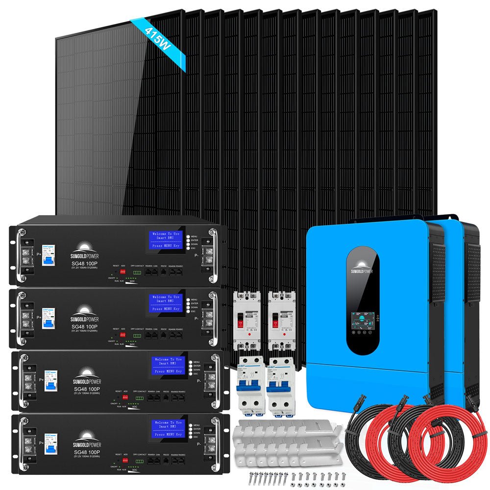 Off-Grid Solar Kit 13000W 48VDC 120V/240V LifePo4 20.48KWH Lithium Battery 14 X 415 Watts Solar Panels SGR-13KM