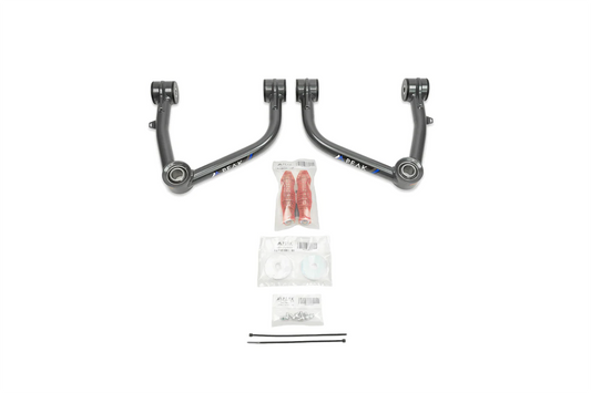 PEAK SUSPENSION Tubular Upper Control Arms for 2019+ Silverado/Sierra 1500/ZR2/AT4X, showcasing durable construction with various components including machined bushings and uniballs.