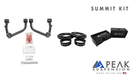PEAK SUSPENSION Summit Kit components featuring Tubular Upper Control Arms and lift blocks for Silverado ZR2/Sierra AT4X.