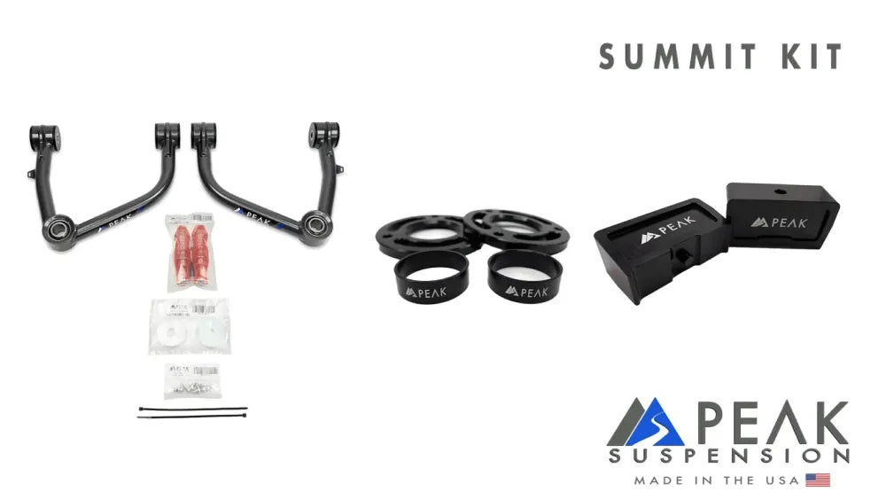 Essential components of the PEAK Suspension Silverado ZR2/Sierra AT4X Summit Kit, showcasing tubular upper control arms, lift blocks, and installation hardware.