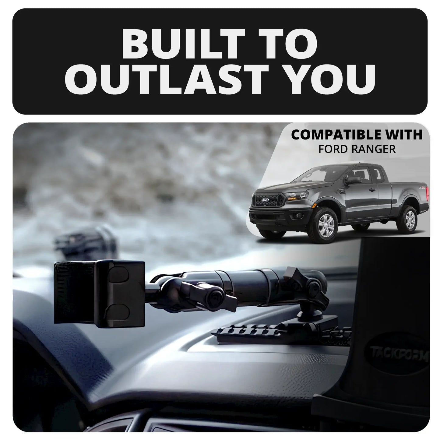 2019-2023 Ford Ranger (WITHOUT Switch Panel) Tackform Assault Track Picatinny Dash Bracket With 20LITE Phone Holder & Midland Magnetic CB Radio Mic Holder