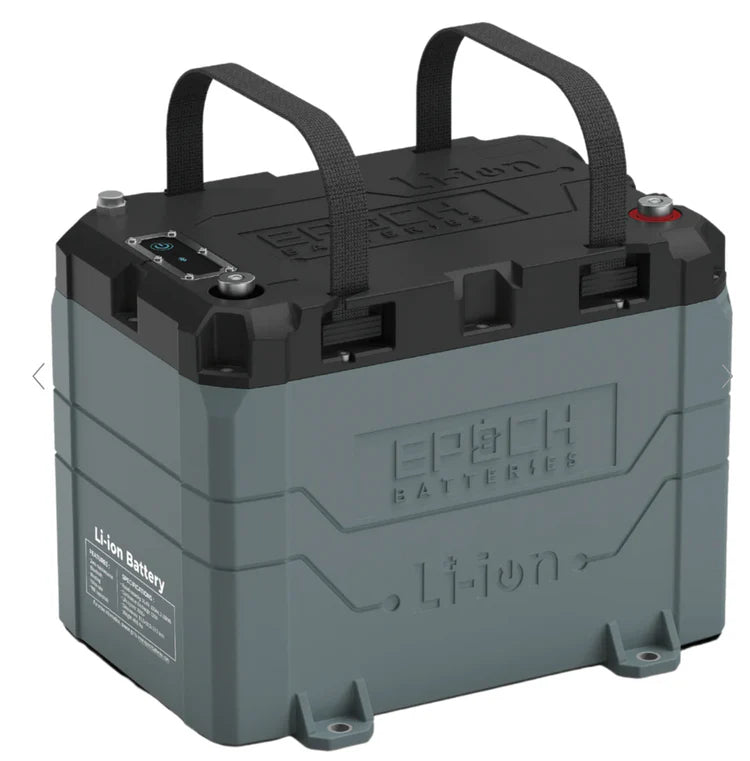 100Ah LiFePO4 Battery from Lone Peak Camper and Accessories, featuring a durable design with easy-to-use handles and advanced connectivity options.