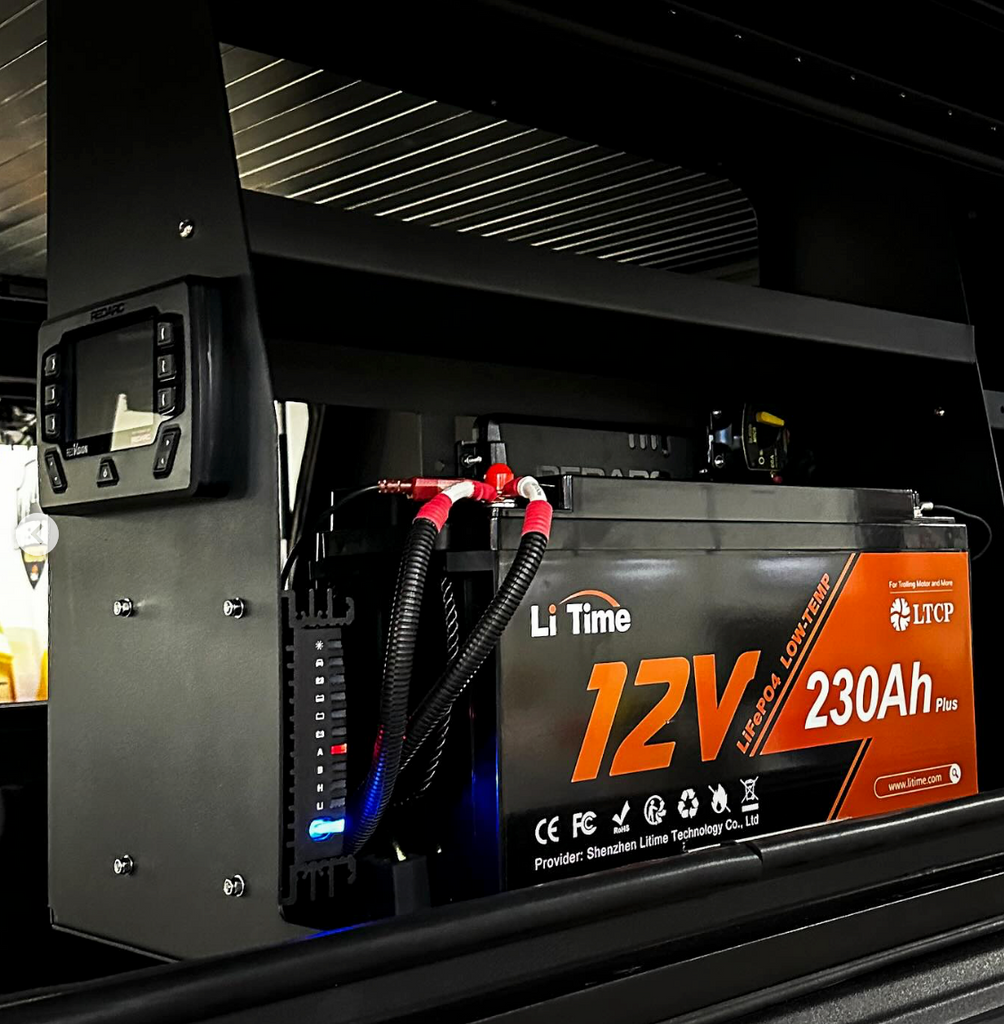 Close-up of the Dirtbox Overland Side Molle Box with a battery setup, emphasizing efficient storage solutions for camping.