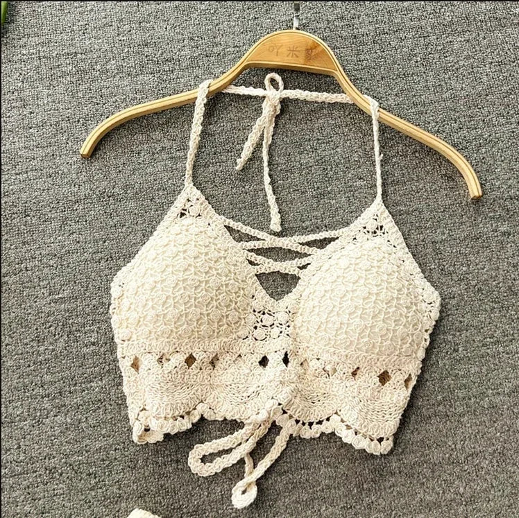 Women Crop Top – Retro Tassel Spaghetti Strap Hollow Halter Neck Top
